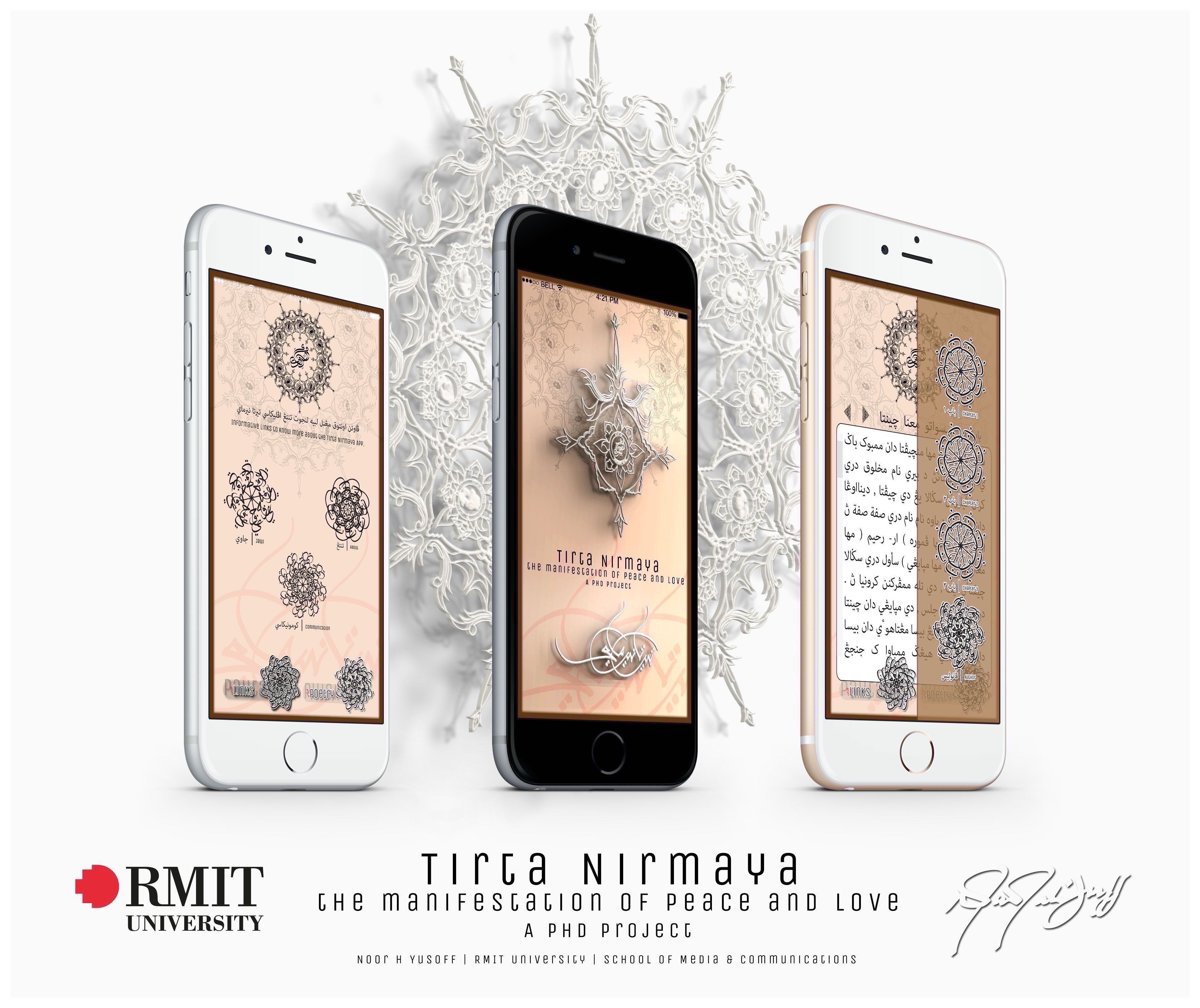 Tirta Nirmaya interface presented on three mobile phone mockups.